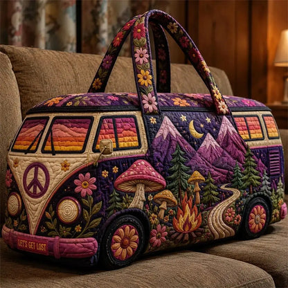 Boho Hippie Van Quilted Duffel Bag for Women, Purple Mountain Mushroom Weekender Travel Bag, Large Capacity Overnight Carry on Tote for Camping, Road Trips, Gym, Vacation & Weekend Getaways