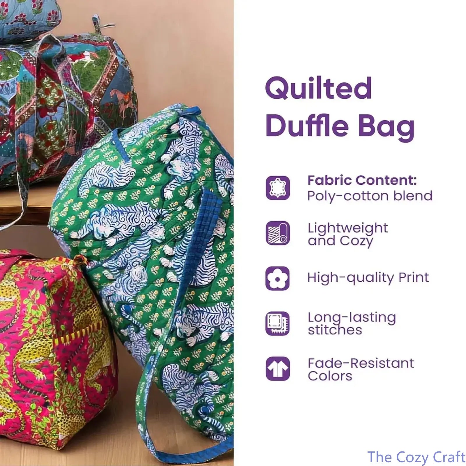 Boho Hippie Van Quilted Duffel Bag for Women, Purple Mountain Mushroom Weekender Travel Bag, Large Capacity Overnight Carry on Tote for Camping, Road Trips, Gym, Vacation & Weekend Getaways