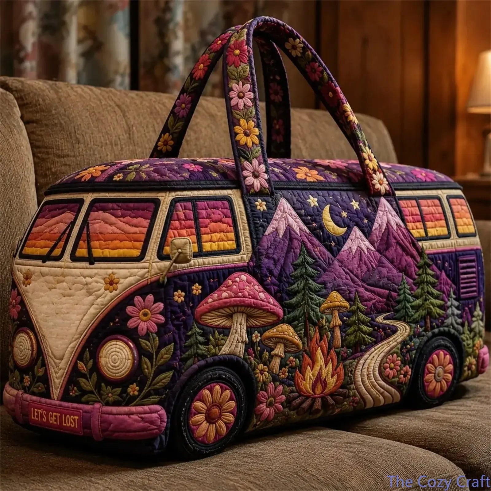 Boho Hippie Van Quilted Duffel Bag for Women, Purple Mountain Mushroom Weekender Travel Bag, Large Capacity Overnight Carry on Tote for Camping, Road Trips, Gym, Vacation & Weekend Getaways
