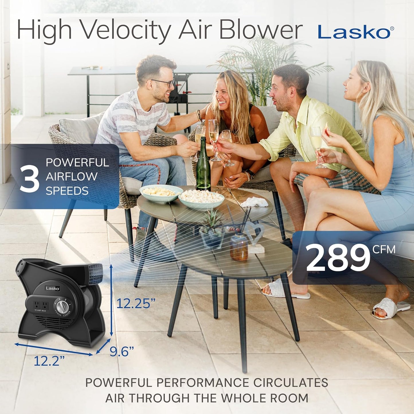 Portable Utility Fan, 12” 289 CFM Pivoting High Velocity Air Mover Blower Fan, 3 Speeds, 2 Accessory Outlets 120V, Black, U12104