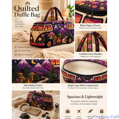 Boho Hippie Van Quilted Duffel Bag for Women, Purple Mountain Mushroom Weekender Travel Bag, Large Capacity Overnight Carry on Tote for Camping, Road Trips, Gym, Vacation & Weekend Getaways