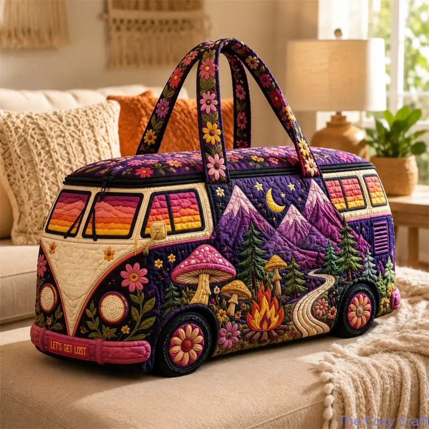 Boho Hippie Van Quilted Duffel Bag for Women, Purple Mountain Mushroom Weekender Travel Bag, Large Capacity Overnight Carry on Tote for Camping, Road Trips, Gym, Vacation & Weekend Getaways