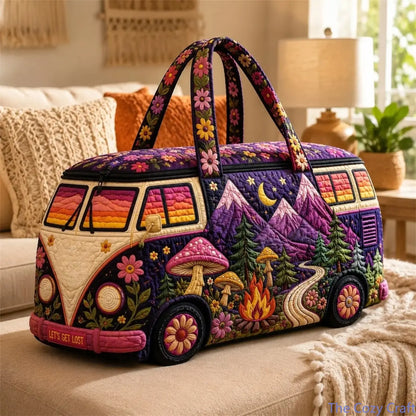 Boho Hippie Van Quilted Duffel Bag for Women, Purple Mountain Mushroom Weekender Travel Bag, Large Capacity Overnight Carry on Tote for Camping, Road Trips, Gym, Vacation & Weekend Getaways